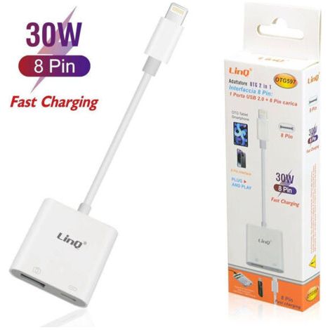 Adaptateur Otg 2 En 1, Interface 8 Broches Vers Port Usb 2.0 + Charge Lightning 30 W Otg597