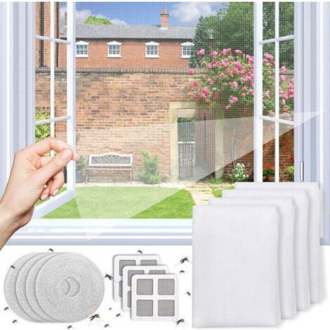 Fenster-Moskitonetz, Set mit 4 zuschneidbaren Fenster-Moskitonetzen, Insektenschutznetz, verbessertes Fliegen- und Moskitonetz mit 4 reparierbaren Maschen (150 x 130 cm) (1/4)