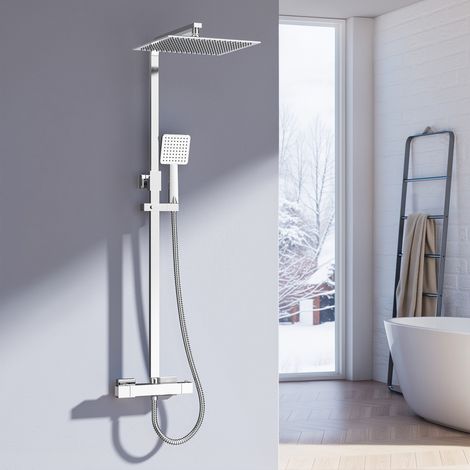 Heilmetz – Colonne de douche thermostatique carrée chromée – Tête de douche pluie 30 x 30 cm – Douchette à main ergonomique – Hauteur réglable 80 à 118 cm
