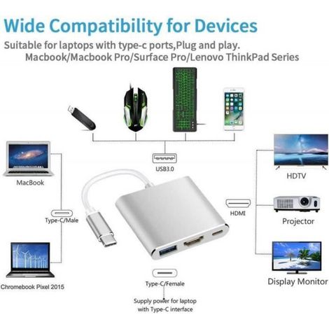 Adaptateur USB C vers HDMI - - 4K - 3 Ports - Plug & Play - Portable (1/4)