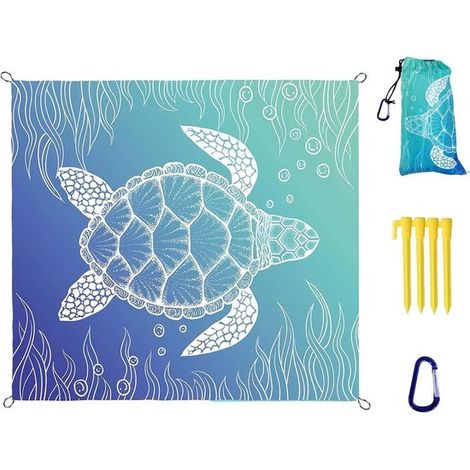Drap de plage XXL 200 x 210 cm – Couverture de pique-nique ultra légère et imperméable avec crochets – Tapis d’extérieur pliable pour plage camping randonnée et voyage – Bleu (1/5)