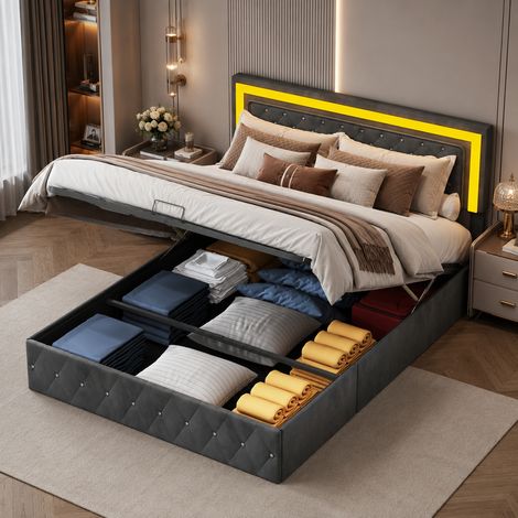Lit coffre 160x200 cm, lit double avec rangement hydraulique, sommier à lattes et tête de lit, pour adolescents et adultes, velours, noir (1/5)