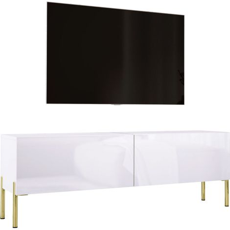 Meuble TV : Blanc Mat / Blanc Brillant, pieds dorées, 140 × 52 × 32 cm (1/5)