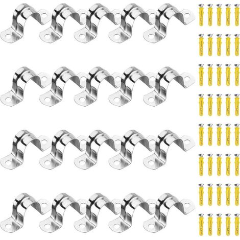 20PCS 20mm 304 Clips de tuyau en acier inoxydable Pince de tube en U Sangle de tube à deux trous avec 40 vis de réglage ajustées utilisées (1/5)