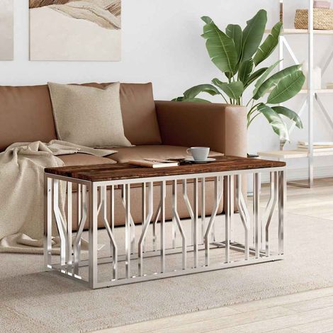 vidaXL Table basse acier inoxydable et bois massif de récupération (1/5)