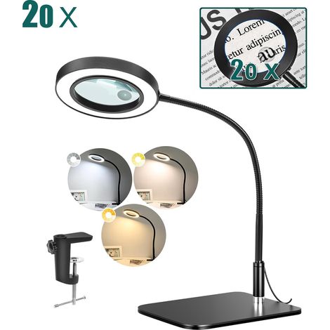 Lampe Loupe LED - Base Carrée et Pince - 2 en 1 - 20X Grossissement - Lampe de Réparation Électronique - Lampe de Bureau Multifonctionnelle - Veilleuse - Alimentation Secteur - Noire (1/5)
