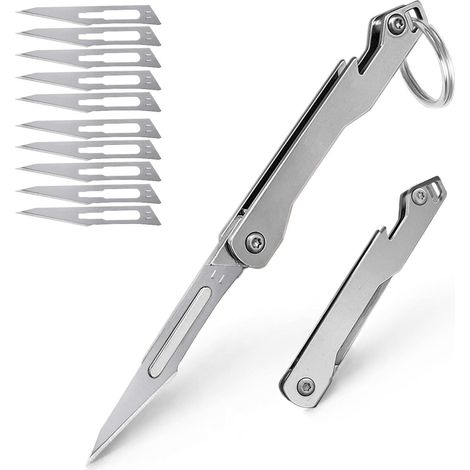 Klappmesser mit 10 Klingen, Edelstahl Schlüsselanhänger Messer, Mini Taschenmesser mit Flaschenöffner