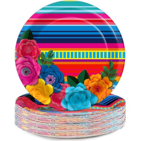 Assiettes en carton de 18 cm (paquet de 50) sur le thème des fêtes mexicaines - Motifs floraux et rayés, vaisselle jetable pour les fêtes (1/5)