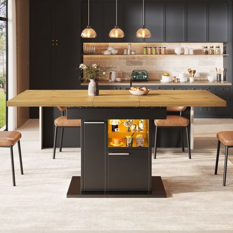 Table à manger rectangulaire extensible 110-140x80x77,2 cm, 4-6 personnes, rangement, LED multicolore, étagères en verre, MDF,noir (1/5)