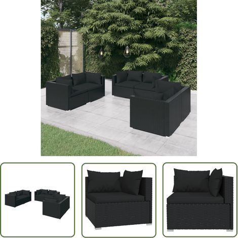 The Living Store Salon de jardin 6 pcs avec coussins Résine tressée Noir - Salon De Jardin - Ensemble De Salon De Jardin - Meuble De Jardin - Canapé De Jardin - Résine Tressée (1/5)