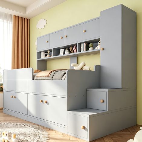 Cama infantil 90 x 200 cm con escalera de almacenaje, armario, estantes, barandillas y LED multicolor gris – CHICFURN, solución completa para dormitorio infantil (1/5)