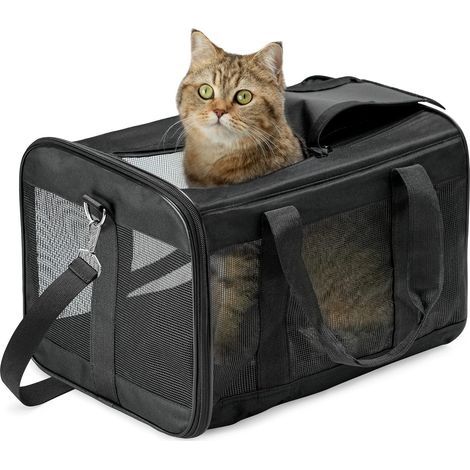 Sac De Transport Chat/Sac De Transport Chien pour Chats, Petits Chiens, Chatons Ou Chiots, Souple et Pliable avec Tapis en Laine pour Voyage en Avion, Voiture et Train Noir (1/5)