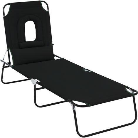 Outsunny Outdoor Folding Sun Lounger with Face Hole, 4 Level Adjustable Backrest Reclining Garden Lounger, Garden Recliner Sunbed with 600 D Oxford Cloth Seat and Pillow for Beach, Black