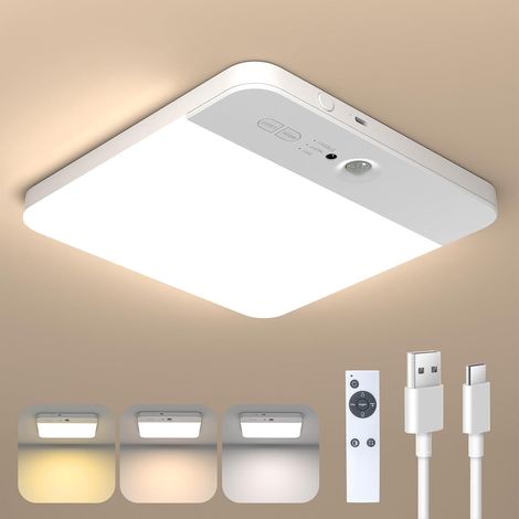 Lampe de Plafonnier Détecteur de Mouvement Intérieur Plafond Luminaire 6000mAh Rechargeable Sans Fil, Salle de Douche, Salle de Bain, Garage, Escalier, 3 Températures de Couleur avec Télécommande (1/5)