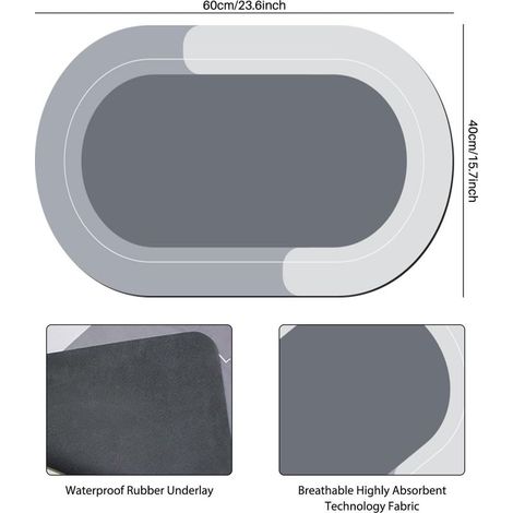 Tapis de Bain Absorbant et à SéChage Rapide, Tapis Salle de Bain AntidéRapant, Tapis Bain Diatomite Absorbant, Lavable, 40 X 60 cm (1/5)