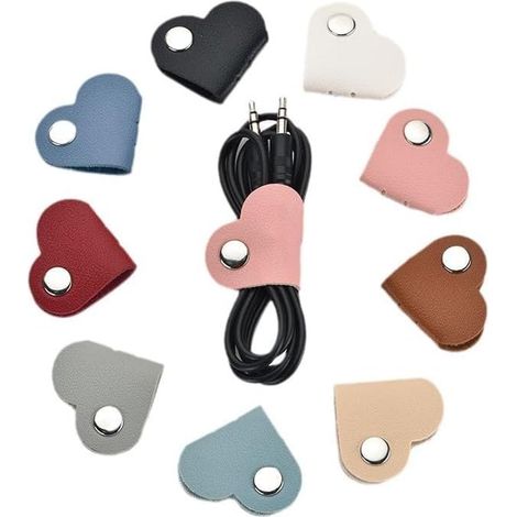 Lot de 10 organiseurs de câbles en cuir synthétique en forme de cœur réutilisables, attaches de câbles, cordons de charge, cordon d'alimentation, support enrouleur USB pour écouteurs (1/5)
