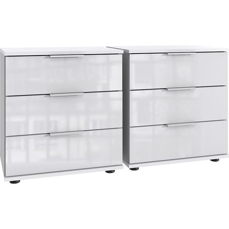 Lot de 2 tables de chevet, table de nuit avec 3 tiroirs coloris blanc, verre blanc - Longueur 104 x Hauteur 58 x Profondeur 38 cm (1/2)