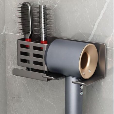 Support Seche Cheveux avec Rangement Porte Seche Cheveux Mural en Aluminium Support Sèche Cheveux sans Perçage Support Séchoir à Cheveux pour Toilette Salle de Bain Salon Coiffeur Hôtel, Noir (1/3)