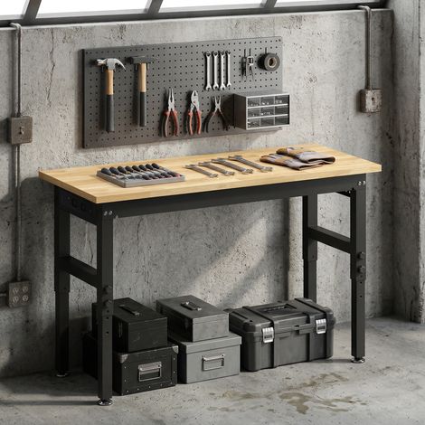 Établi réglable en hauteur, en bois et acier, 2 prises électriques, capacité de charge 900 kg, coloris : bois/noir (1/5)
