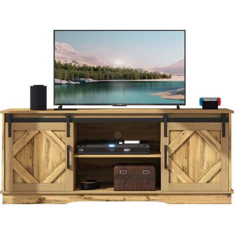 Meuble TV 150 cm style maison de campagne avec portes coulissantes, 2 placards, étagères réglables et rangements ouverts pour salon jusqu'à 65 pouces CHICFURN (1/5)