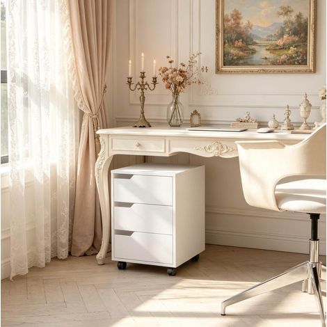 Mueble de almacenamiento con ruedas, cajón de oficina blanco en MDF y metal, 3 cajones, DESVIAE (1/5)