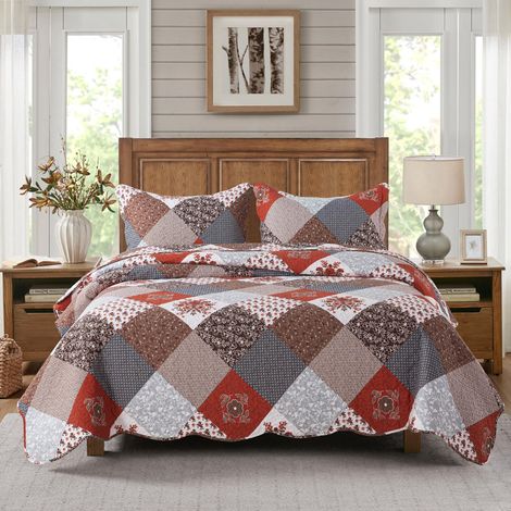 Parure de lit Queen Size - 3 pièces en Microfibre - Housse réversible - Patchwork - Housse de Couette légère - Couettes Florales Toutes Saisons - Rouge Amarante (1/5)