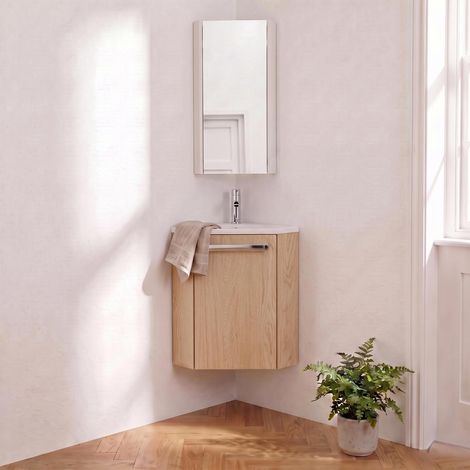 Mob-In – Meuble lave-mains d'angle suspendu avec vasque en résine – Armoire de toilette avec étagère réglable – Robinet mitigeur chromé