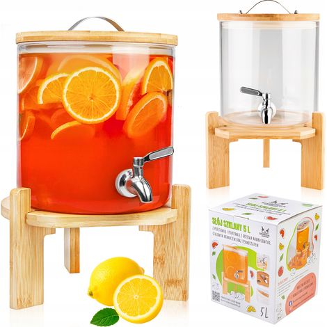 Tarro de cristal de 5 litros + tapa de madera de bambú + grifo de acero inoxidable + soporte de madera