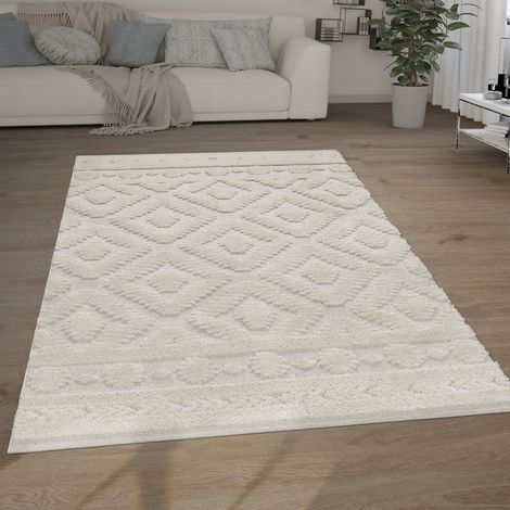 Paco Home Hochflor Teppich Wohnzimmer Shaggy 3D Optik Ethno Boho Vintage Look Weich 160x220 cm, Creme 8