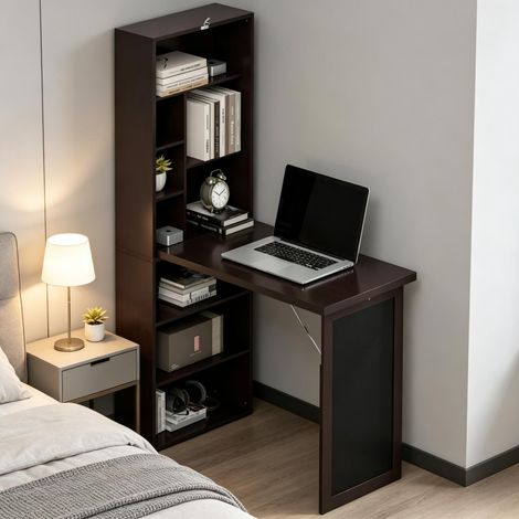 Bureau escamotable 98x51x153 cm avec bibliothèque à 9 compartiments, bureau pliable gain de place avec tableau noir et tablette réglable, MDF et pin (1/5)