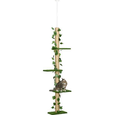 Árbol para gatos con poste rascador, fijación al techo, altura ajustable 37 x 21 x 202-242 cm, 4 niveles, verde (1/5)