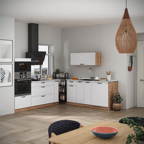Cocina Fame-Line, Blanco casa de campo/Roble dorado, 340 cm sin encimera, Vicco (1/5)