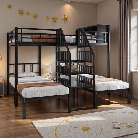 Lit superposé enfant triple en metal avec escalier avec rangement,rampes,un lit double 140x200 e deux Lits simple 90x200,cadre de lit mezzanine,Noir