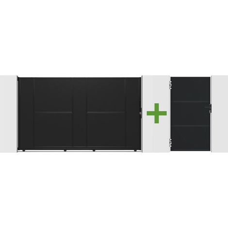 NALI 3 m Stahlschiebetor, 180 cm hoch, Schwarz + 180 cm hohes Fußgängertor
