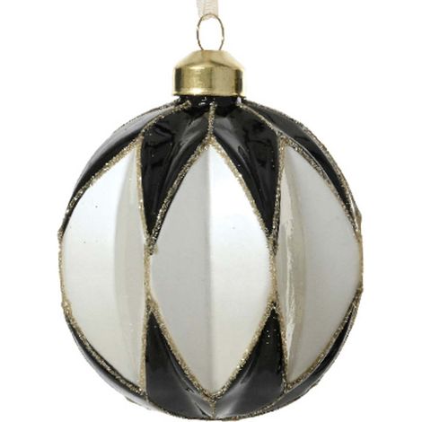 Kaemingk – Boule de Noël à facettes noire et blanche, paillettes dorées – Verre, Ø 8 cm