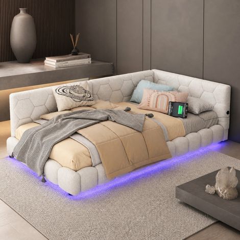 Tagesbett 90 x 200 cm mit LED-Beleuchtung 16 Farben, USB und USB-C, weiß HAVRYA (1/5)