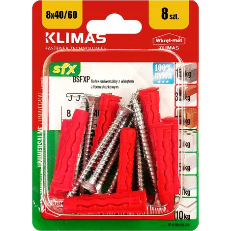 Chevilles Universelles Klimas 8 x 60 Avec Tete Fraisee PZ2, Blister De 8