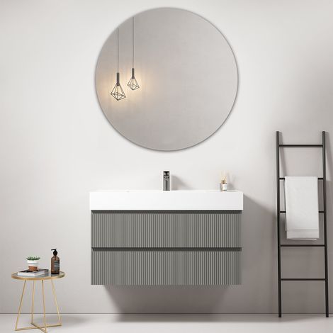 Mobile bagno sospeso cannettato 100 cm Grigio Londra Lavabo in Resina Specchio Tondo - Fiji Paint (1/3)
