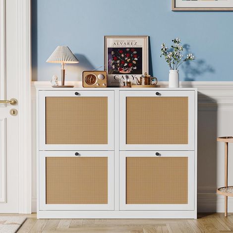 Meuble à Chaussures en Rotin avec 4 Portes Bohème Armoire à Chaussures, étagère réglable, 16 e 24 Paires, pour Couloir, Salon, Convient 102 x 23 x 84 cm (1/5)