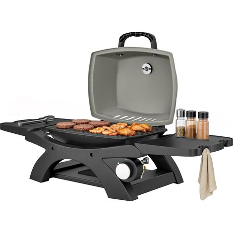 Barbecue gaz 3,3 kW 1 brûleur pliable tablettes latérales grilles fonte bac graisse amovible