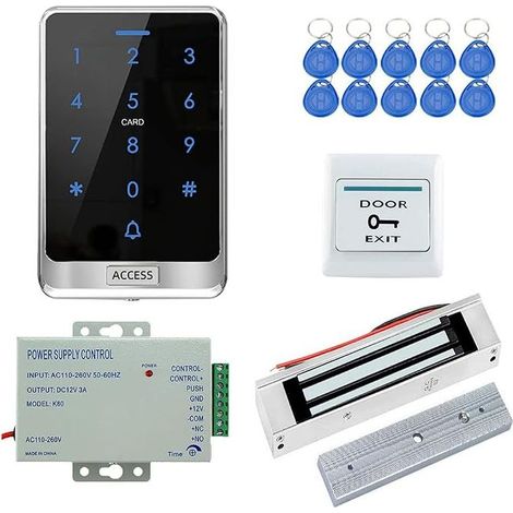 RFID-Touchscreen-Zutrittskontrollsystem, wasserdicht, für den Außenbereich, 125 kHz, Tastatur, Kartenleser, unabhängig, 180 kg/350 lbs, elektrisch-magnetisches Schloss (NC), 12 V/3 A Netzteil, Tasten, (1/3)