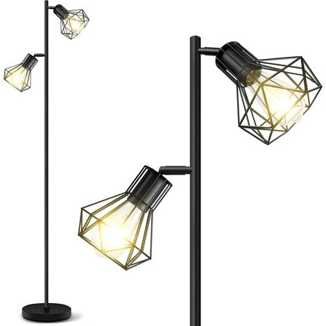 Lampadaire de salon, lampadaire industriel à 2 ampoules avec abat-jour métallique en forme de cage, E27 Lampadaires rustiques pour salon, chambre à coucher, bureau, 160 cm, noir (ampoule non in (1/5)
