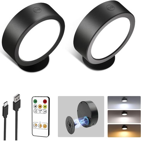 Applique Murale Sans Fil Intérieure Rechargeable, 3200mAh,LED Dimmable 12 Modes de Couleur, Rotation 360° & Boutons Tactiles pour Salon, Chambre, Chevet, Couloir, Noir (2 Pièces) (1/5)