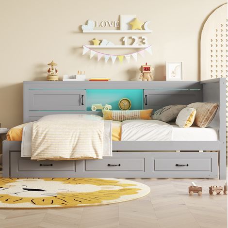 Lit banquette moderne 90x200 cm gris, en panneaux de particules et MDF, avec lit gigogne, LED, rangement, prise et USB (1/5)