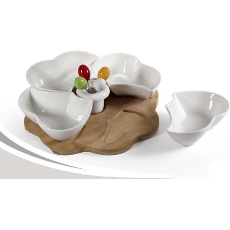 ANTIPASTIERA BIANCA QUADRIFOGLIO CON SUPPORTO IN LEGNO 25X5 CM (1/2)