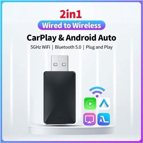 Adaptateur sans fil 2 en 1 CarPlay Android Auto Mini Box Adaptateur Bluetooth 5.0 Clé Wifi 5.8GHz pour Toyota Audi Mazda Kia Benz (1/4)