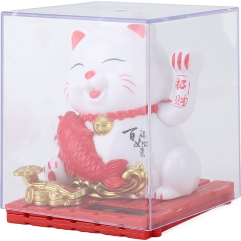 Chat solaire porte-bonheur innovant et mignon, alimenté à l'énergie solaire, avec couvercle transparent pour tableau de bord de voiture, caisse ou magasin (blanc). (1/5)