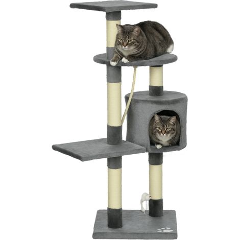 Katzenkratzbaum, 116 cm hoch, mit Sisalstämmen, Höhlen, Plattformen und Spielzeug, Dunkelgrau