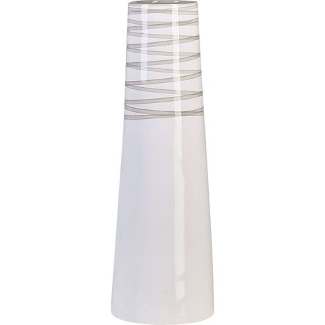 Beliani – Vase décoratif en céramique blanc brillant – Hauteur 57 cm – Détails en métal argenté – Pour décoration intérieure moderne (1/5)