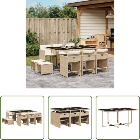 Gartentisch - 11-tlg. Garten-Essgruppe mit Kissen Beige Poly Rattan (1/5)